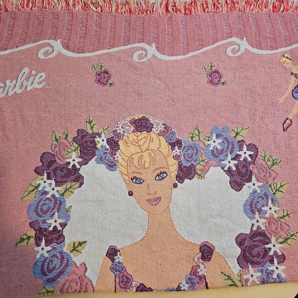 Vintage 90s Barbie Floral Woven Tapestry Throw Blanket The Northwest Company USA